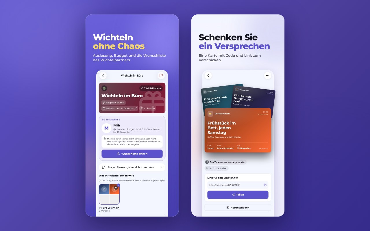 Ein Wichtel-Raum: Budget, Datum des Austauschs und die Liste der beschenkten Person. Daneben Versprechen mit Code und Link für den Empfänger