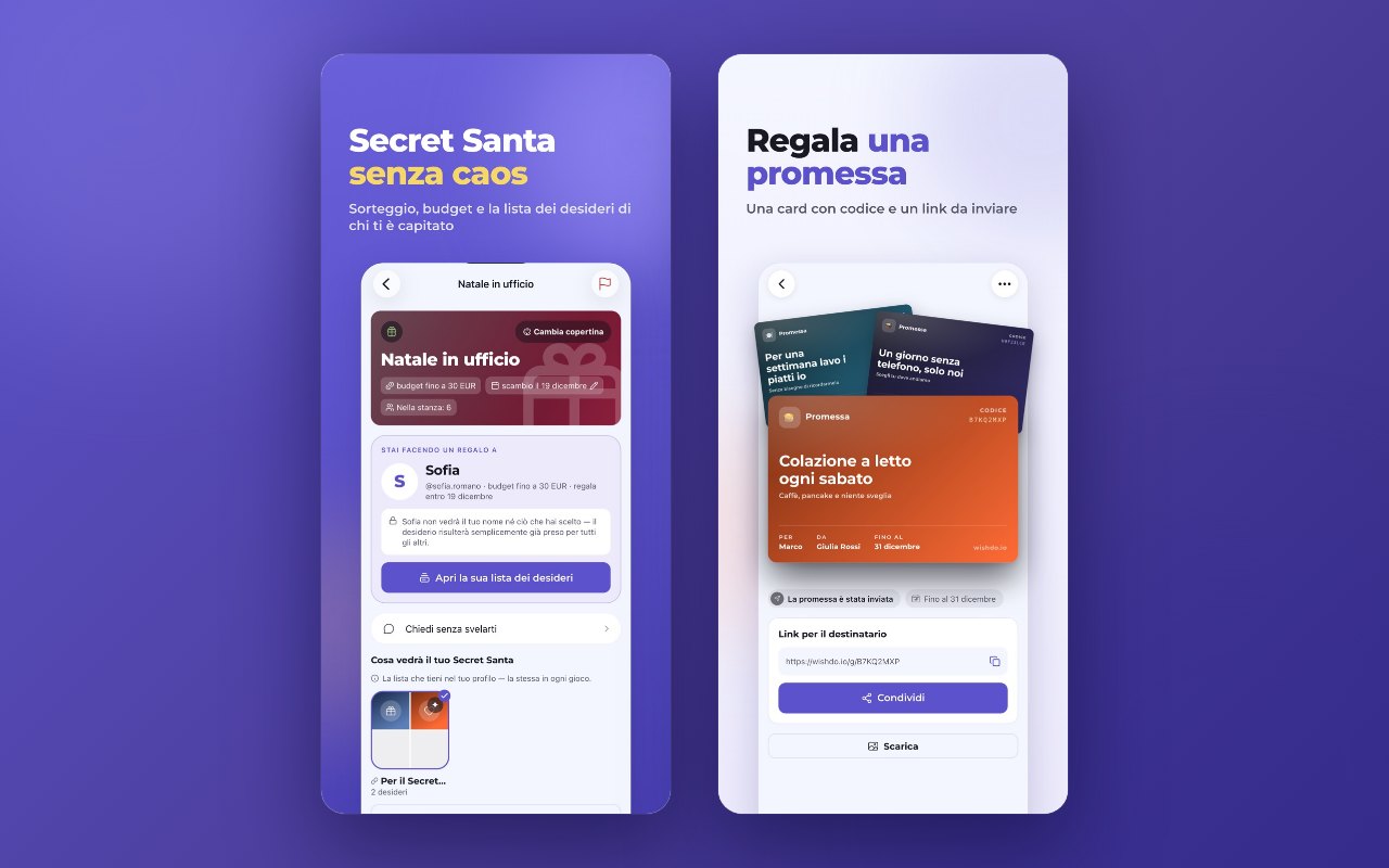 Una stanza Secret Santa: budget, data dello scambio e la lista della persona che ti è toccata. Accanto, promesse con un codice e un link per chi le riceve