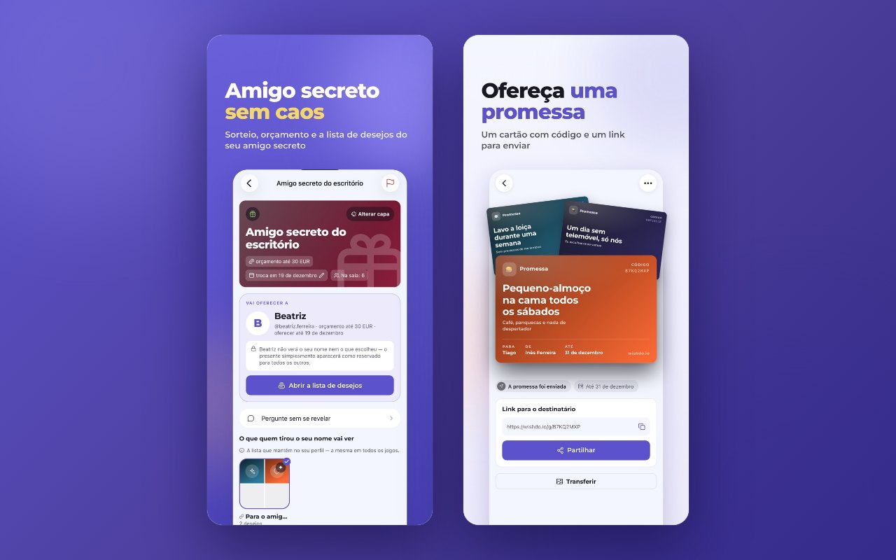 Uma sala de amigo secreto: orçamento, data da troca e a lista da pessoa que lhe saiu. Ao lado, promessas com um código e um link para quem as recebe