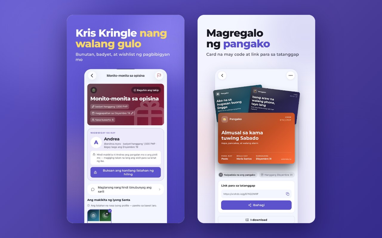 Kris Kringle room: budget, petsa ng palitan at listahan ng nabunot mo. Katabi nito, mga pangako na may code at link para sa tatanggap