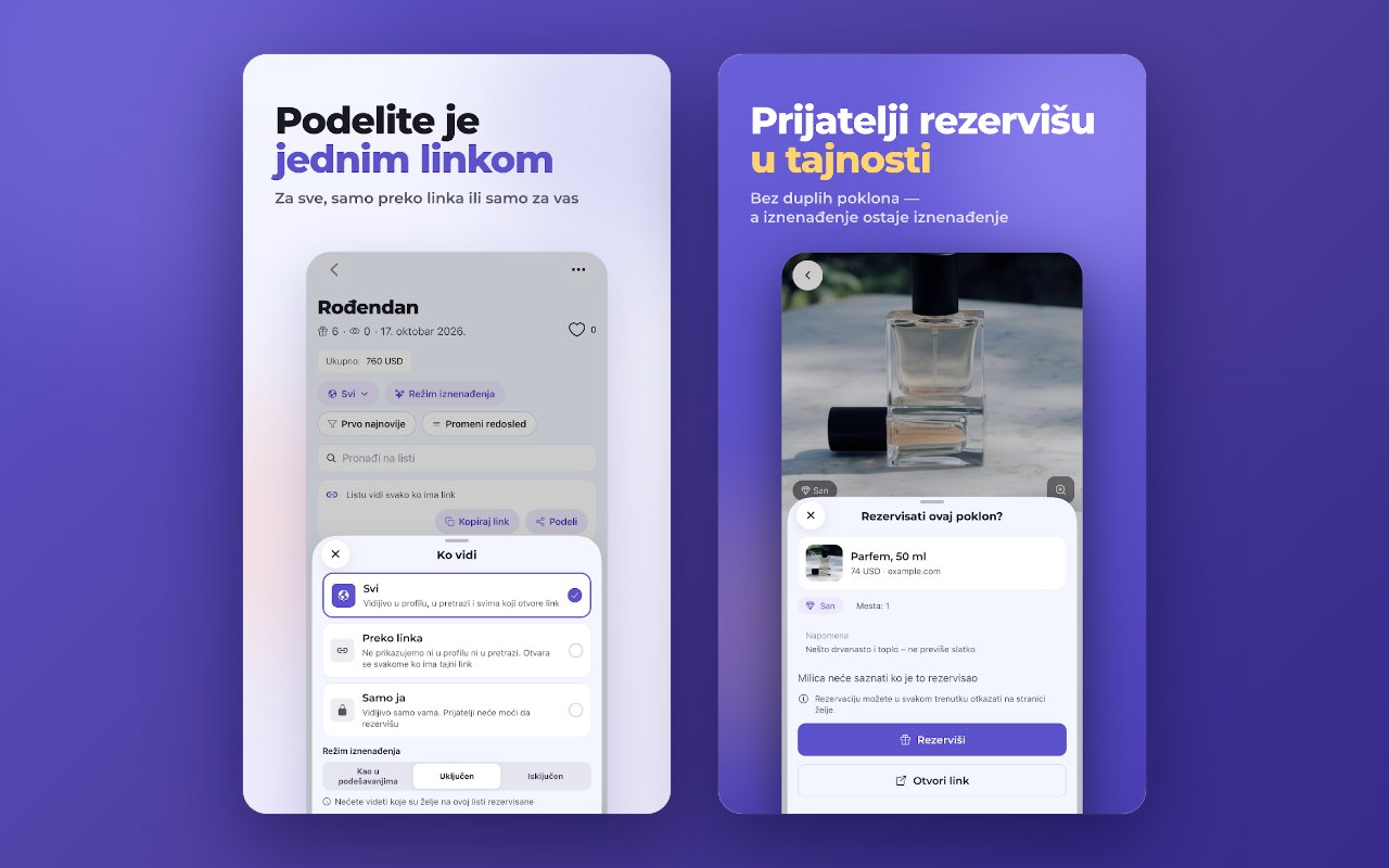 Levo: ko vidi listu i režim iznenađenja. Desno: prijatelj rezerviše poklon, a vlasnik neće znati ko