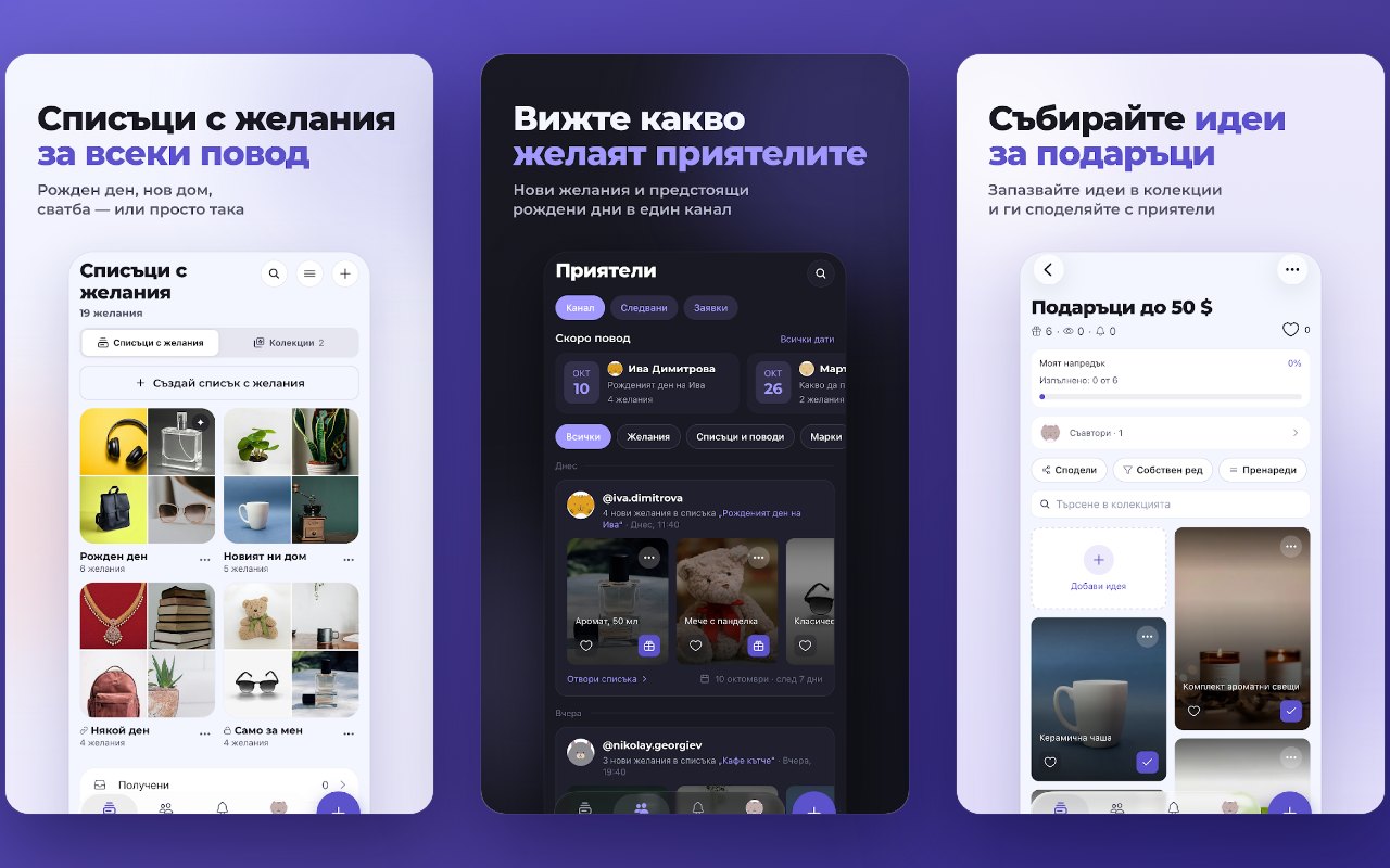 Списъци за всеки повод, лента на приятелите с наближаващи рождени дни и колекции с идеи