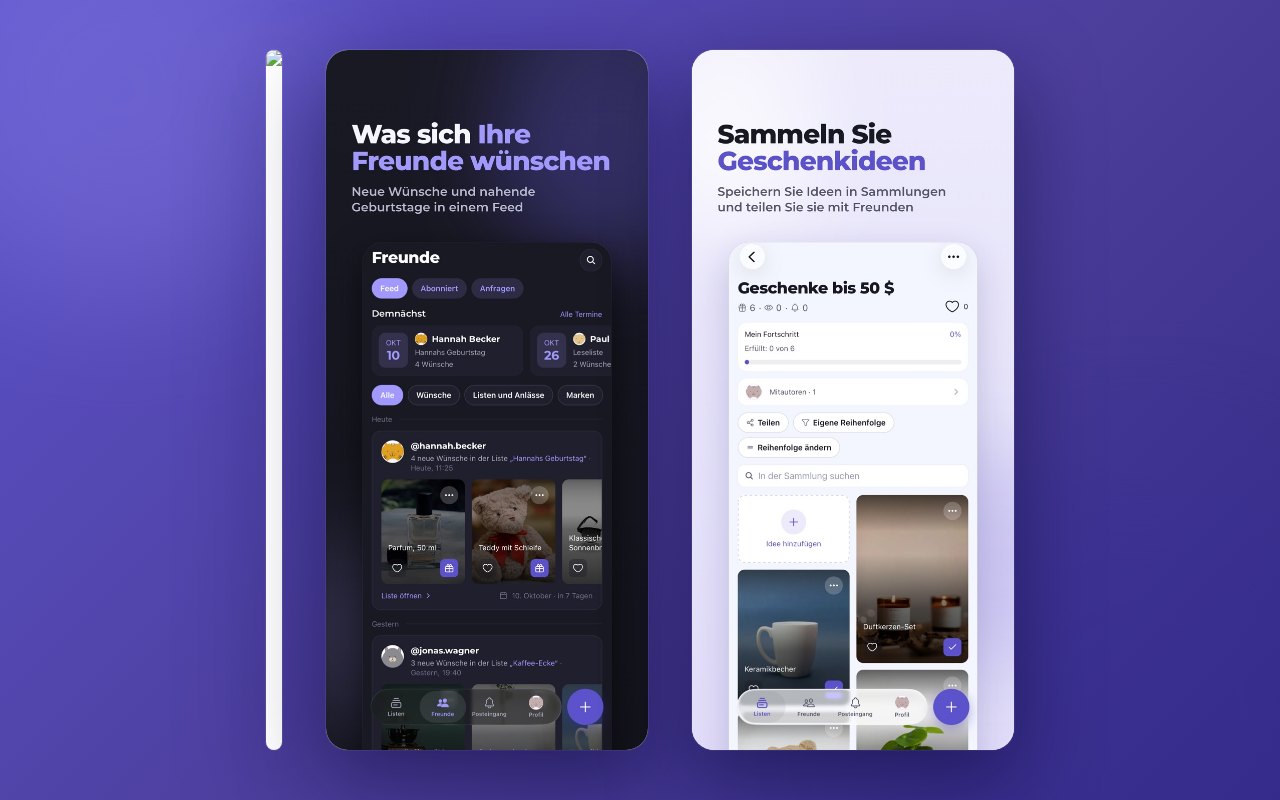 Listen für jeden Anlass, ein Freunde-Feed mit anstehenden Geburtstagen und Sammlungen mit Ideen