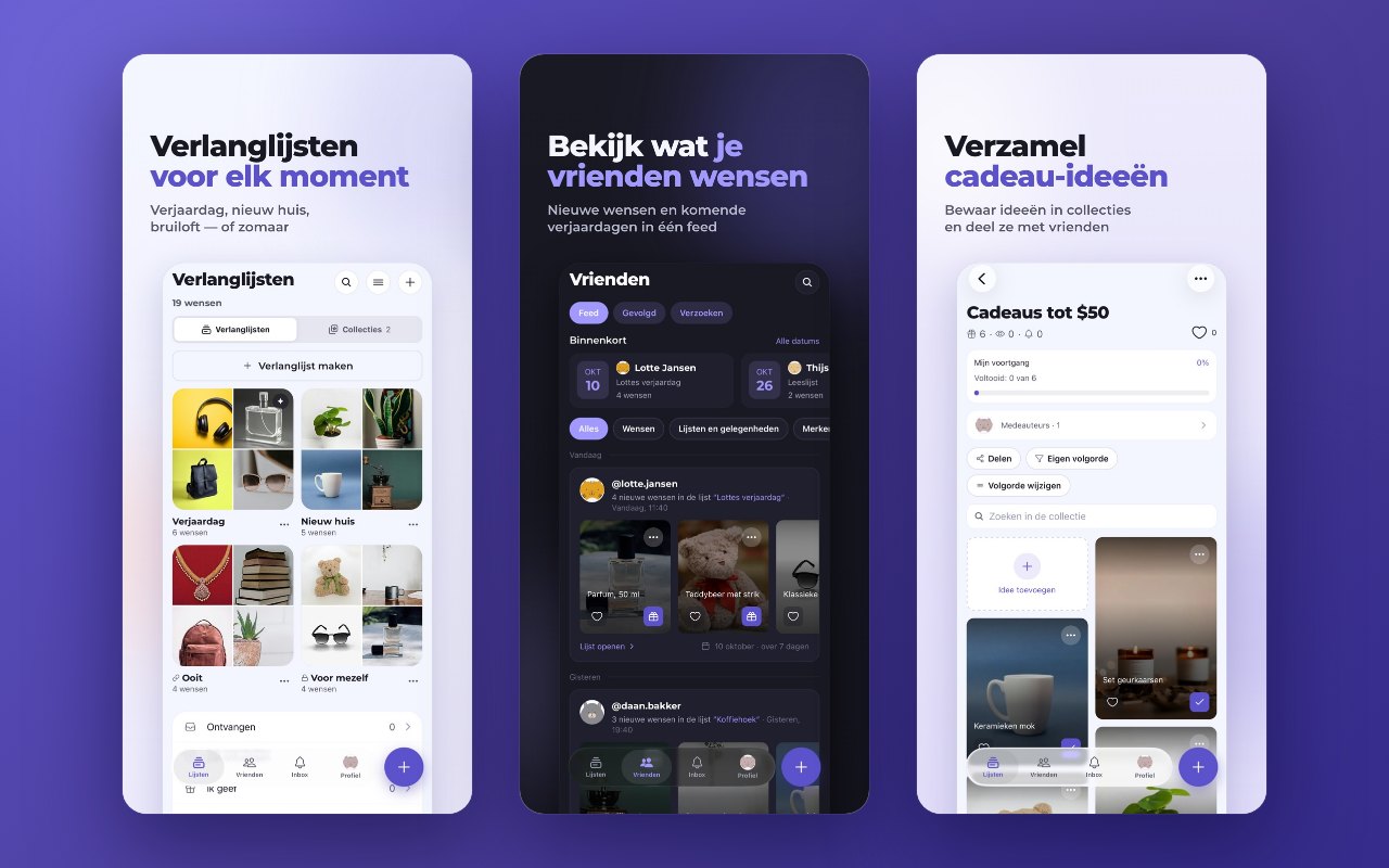 Lijsten voor elke gelegenheid, een feed van vrienden met aankomende verjaardagen en collecties met ideeën