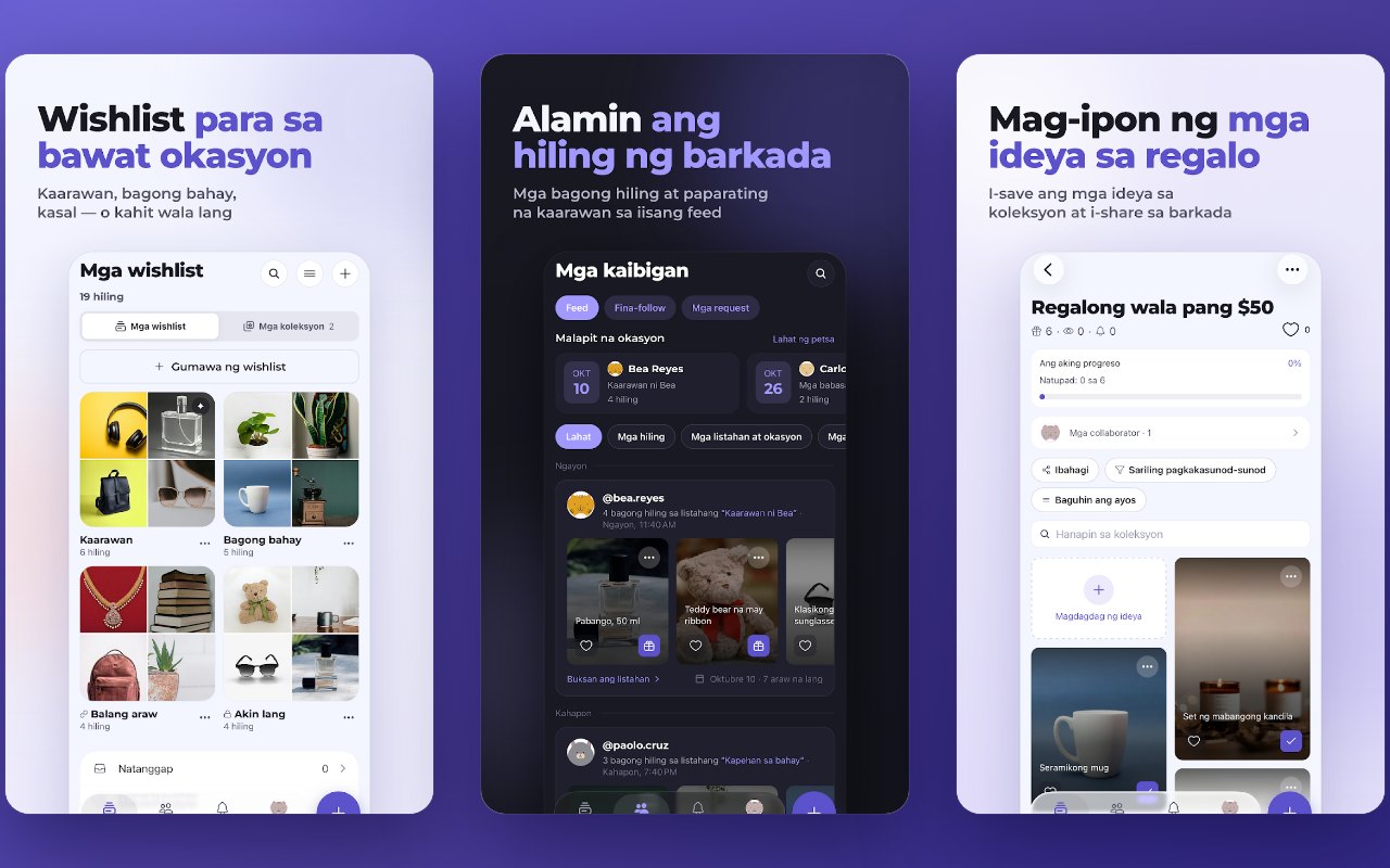 Mga listahan para sa kahit anong okasyon, feed ng mga kaibigan na may paparating na kaarawan, at mga koleksyon ng ideya