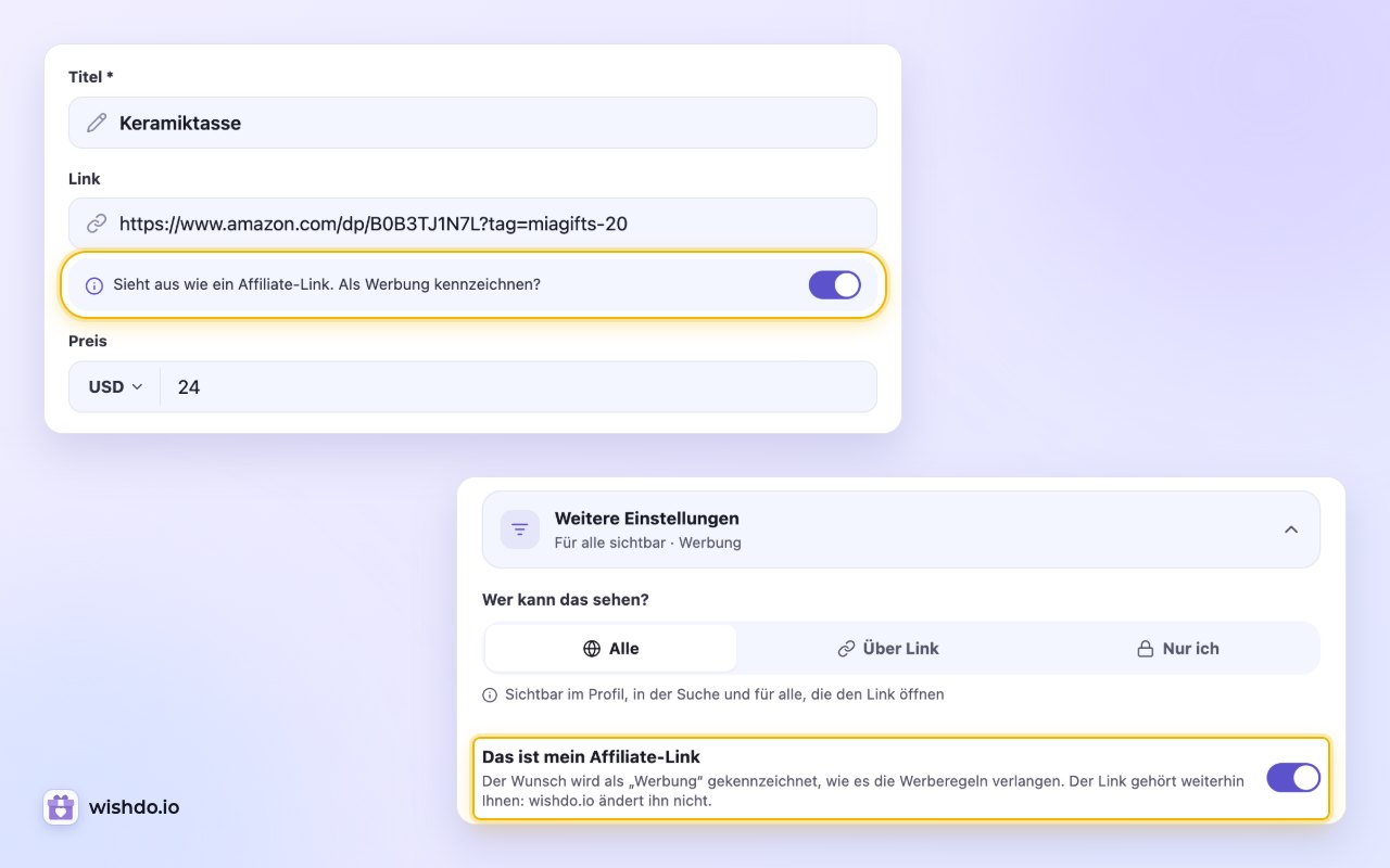 Der Hinweis unter einem eingefügten Affiliate-Link und derselbe Schalter unter „Weitere Einstellungen“