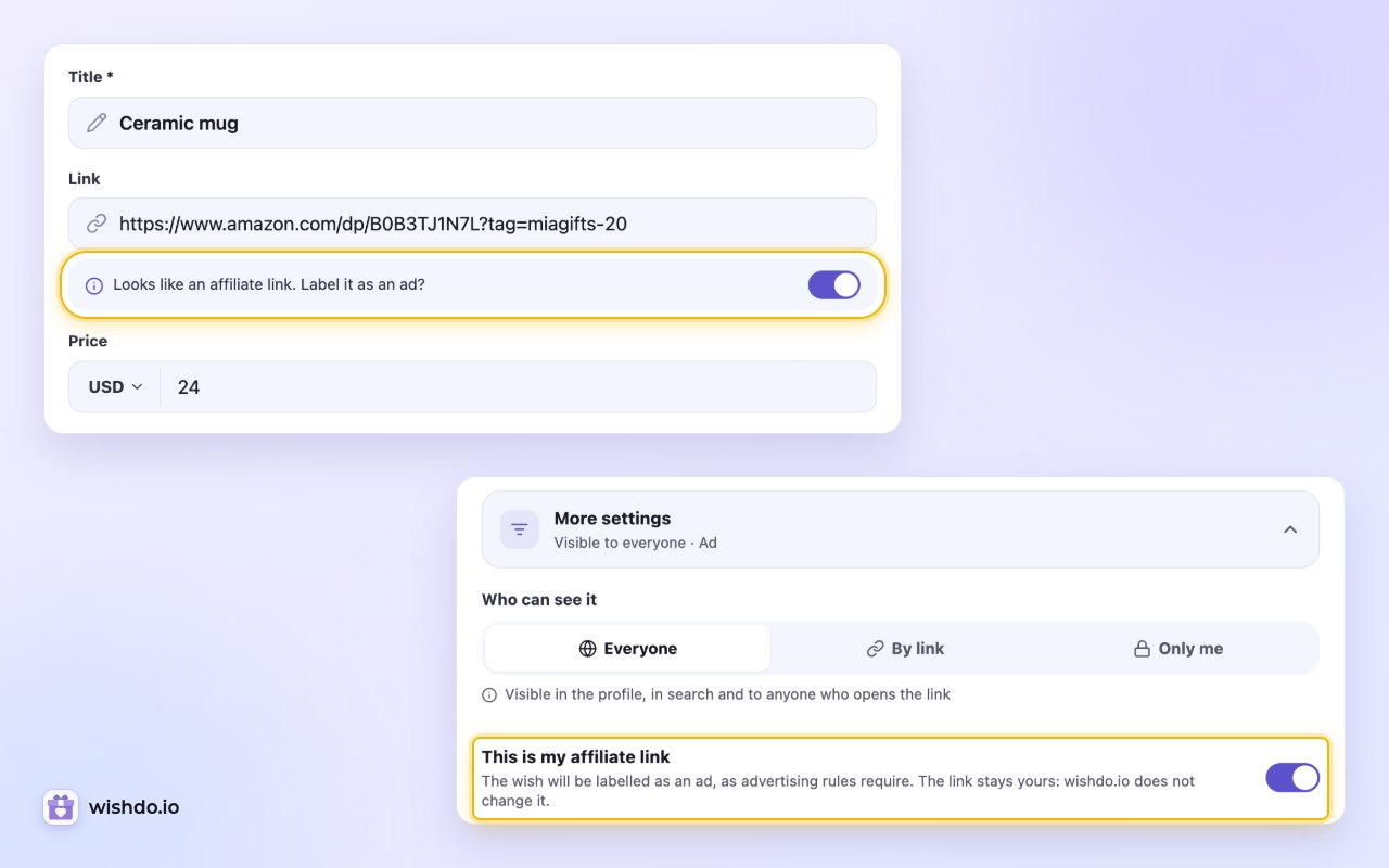 The prompt under a pasted affiliate link, and the same switch under “More settings”