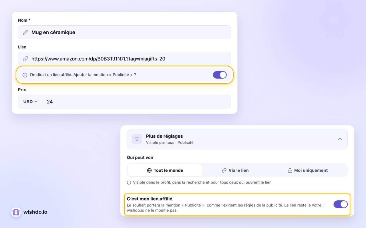 L’invite sous un lien affilié collé, et la même option sous « Plus de réglages »