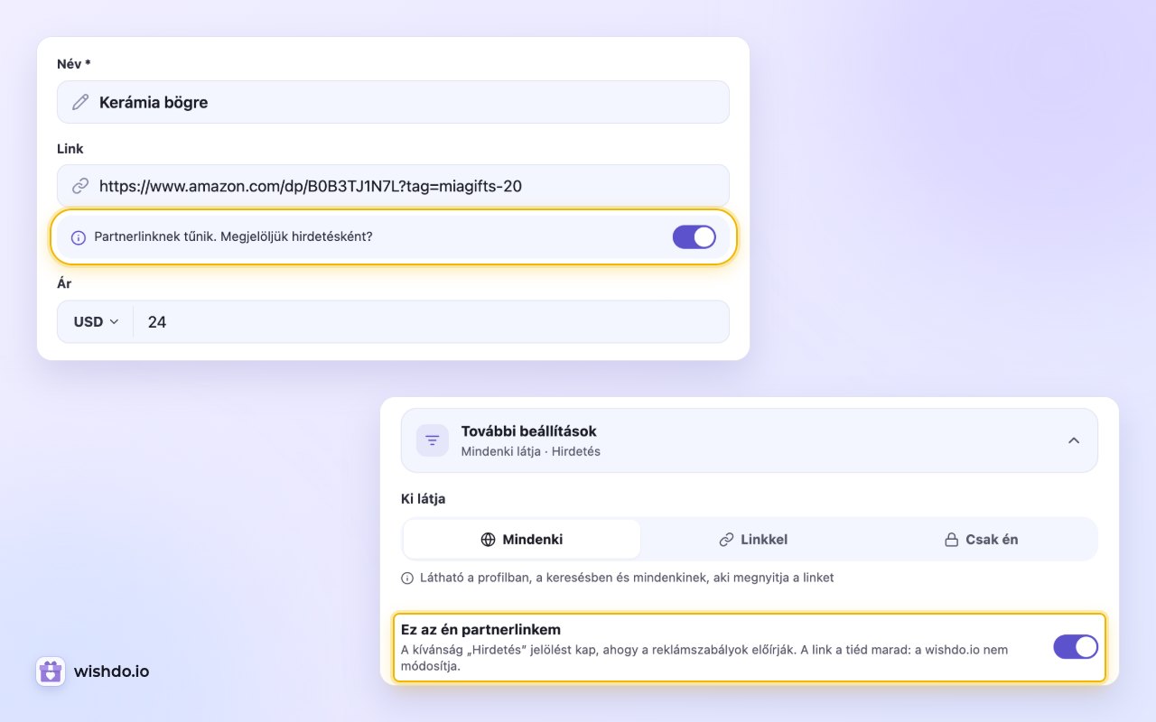 A javaslat egy beillesztett partnerlink alatt, és ugyanez a kapcsoló a „További beállítások” alatt