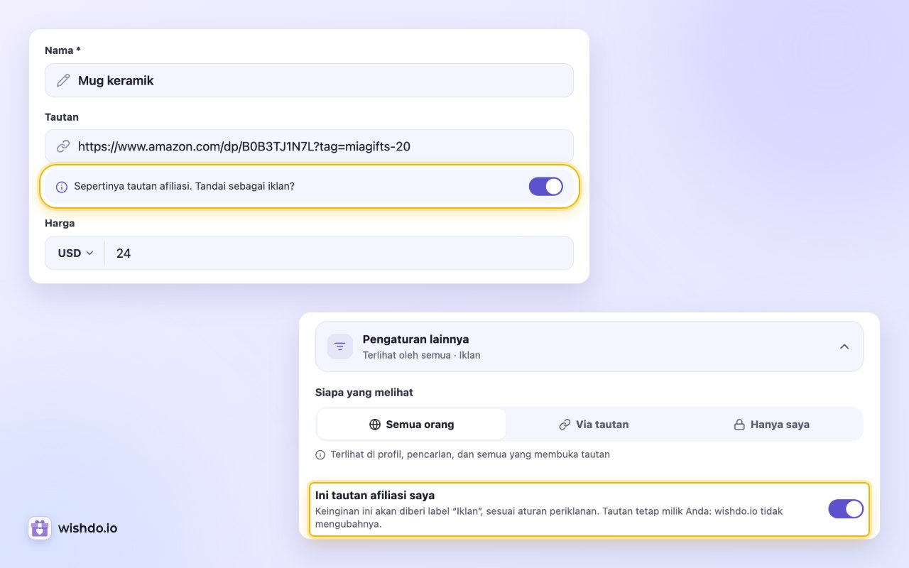 Saran di bawah tautan afiliasi yang ditempel, dan sakelar yang sama di bawah “Pengaturan lainnya”