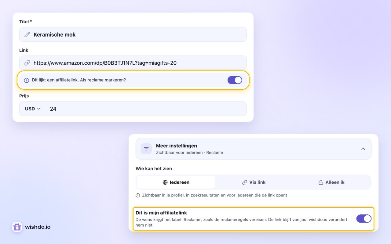 De melding onder een geplakte affiliatelink en dezelfde schakelaar onder “Meer instellingen”