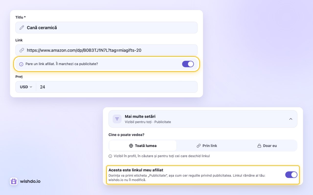 Sugestia de sub un link afiliat lipit și același comutator la „Mai multe setări”