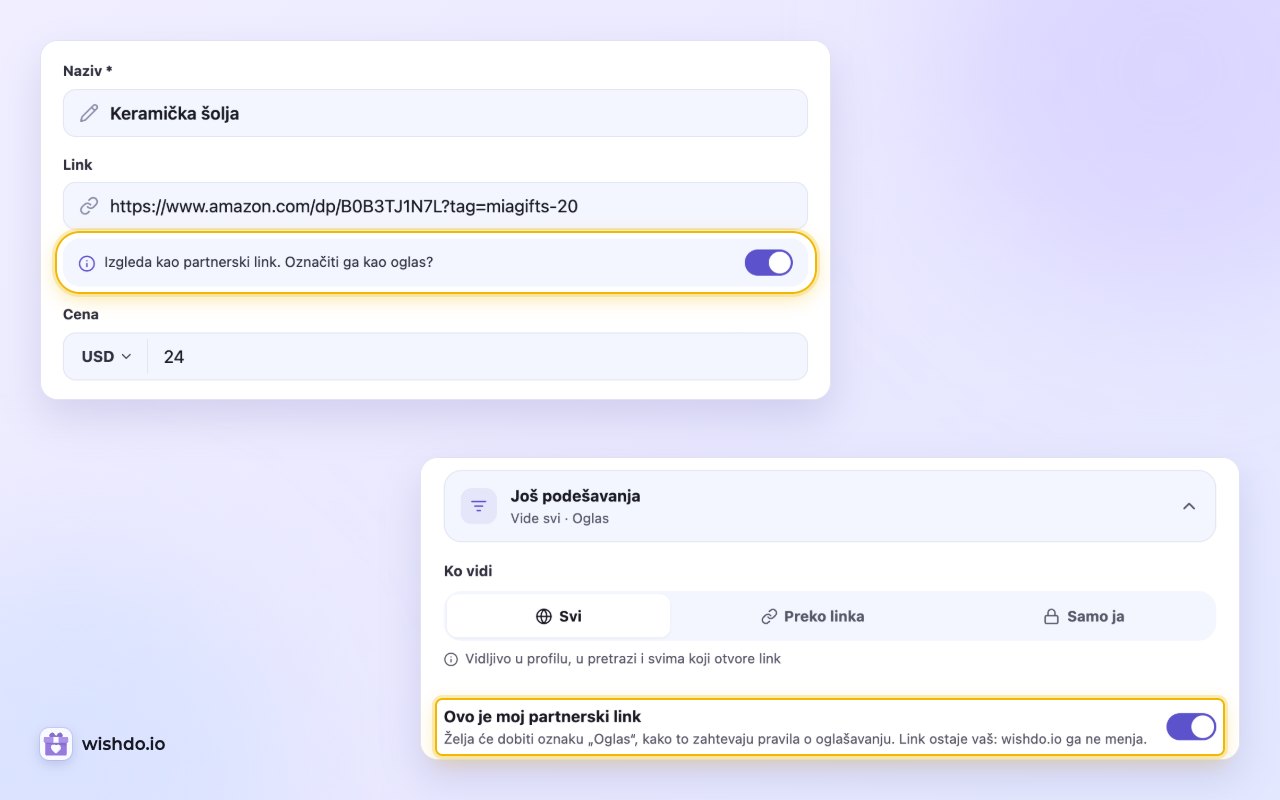 Predlog ispod nalepljenog partnerskog linka i isti prekidač pod „Još podešavanja“