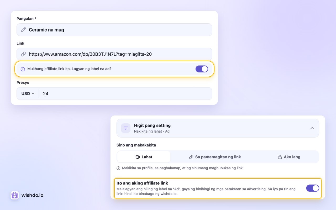 Ang mungkahi sa ilalim ng idinikit na affiliate link, at ang parehong switch sa ilalim ng “Higit pang setting”