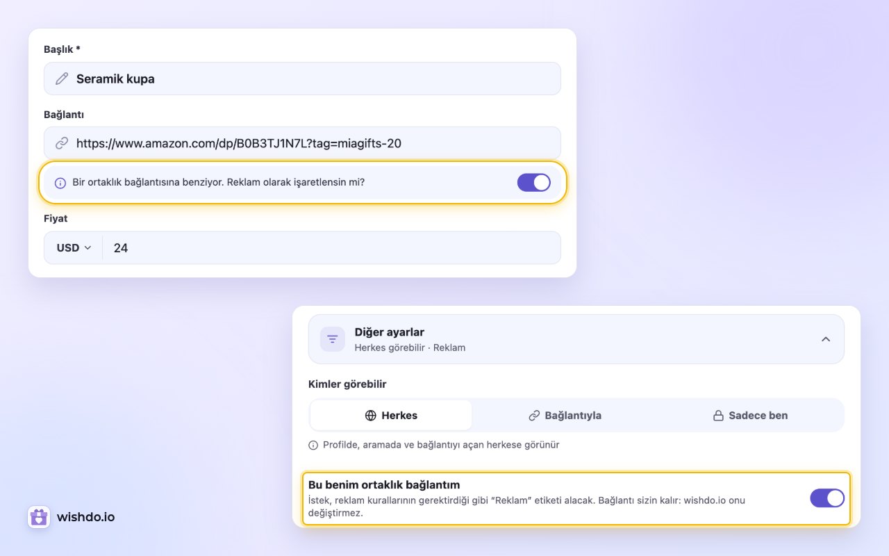 Yapıştırılan bir ortaklık bağlantısının altındaki öneri ve “Diğer ayarlar” altındaki aynı seçenek