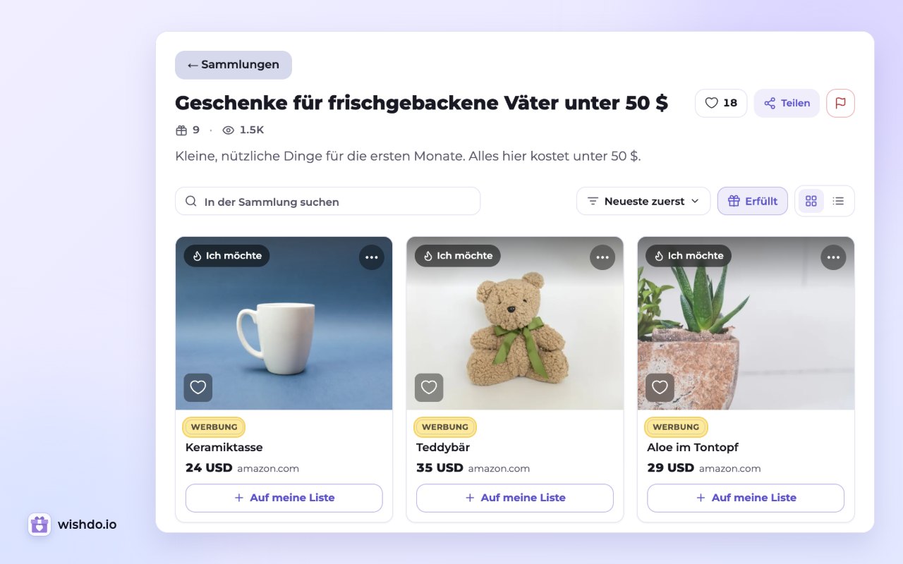 Eine öffentliche Sammlung: Jeder Wunsch mit dem Affiliate-Link des Autors zeigt die Kennzeichnung „Werbung“