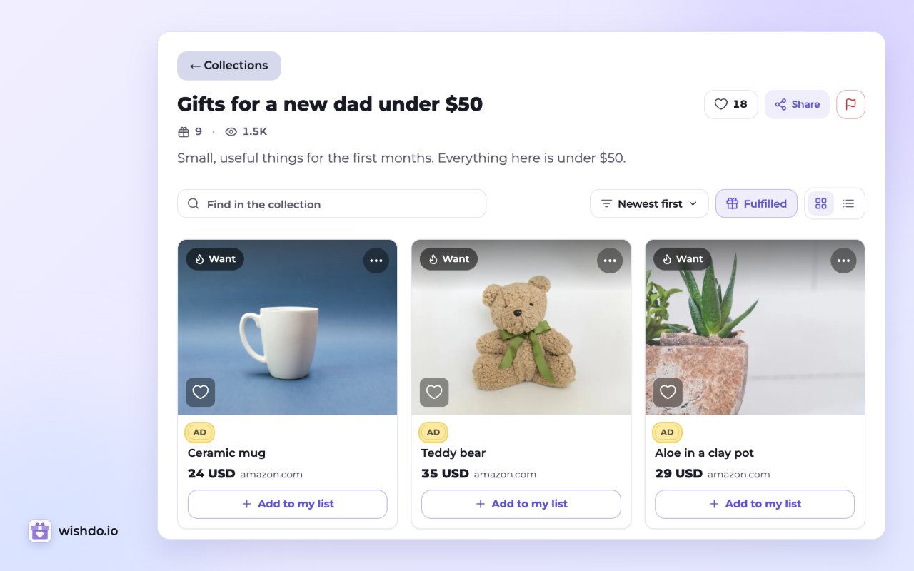 A public collection: every wish with the author's affiliate link shows the “Ad” label