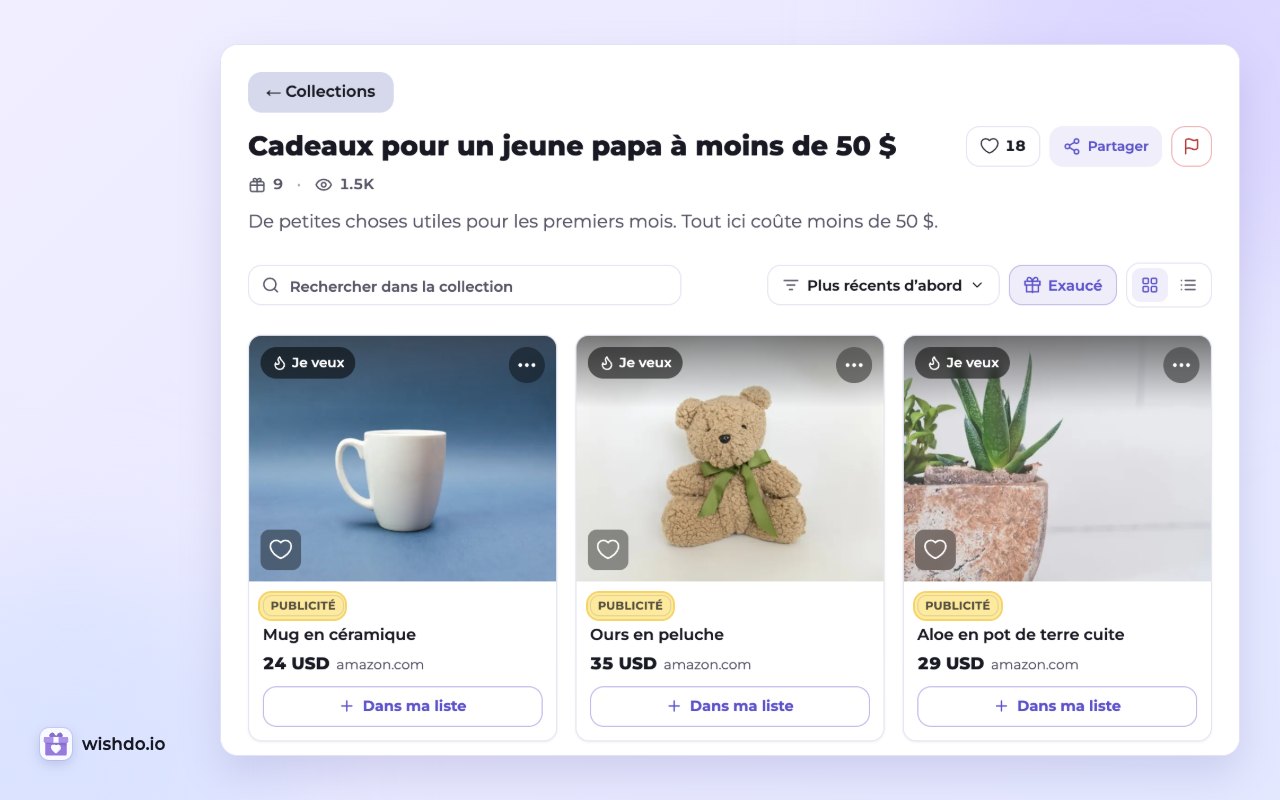Une collection publique : chaque souhait avec le lien affilié de l’auteur affiche la mention « Publicité »