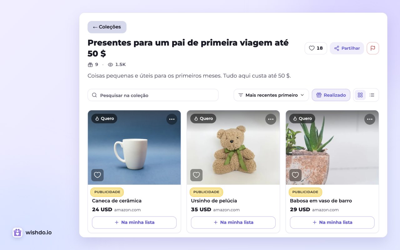 Uma coleção pública: cada desejo com o link de afiliado do autor mostra a etiqueta «Publicidade»
