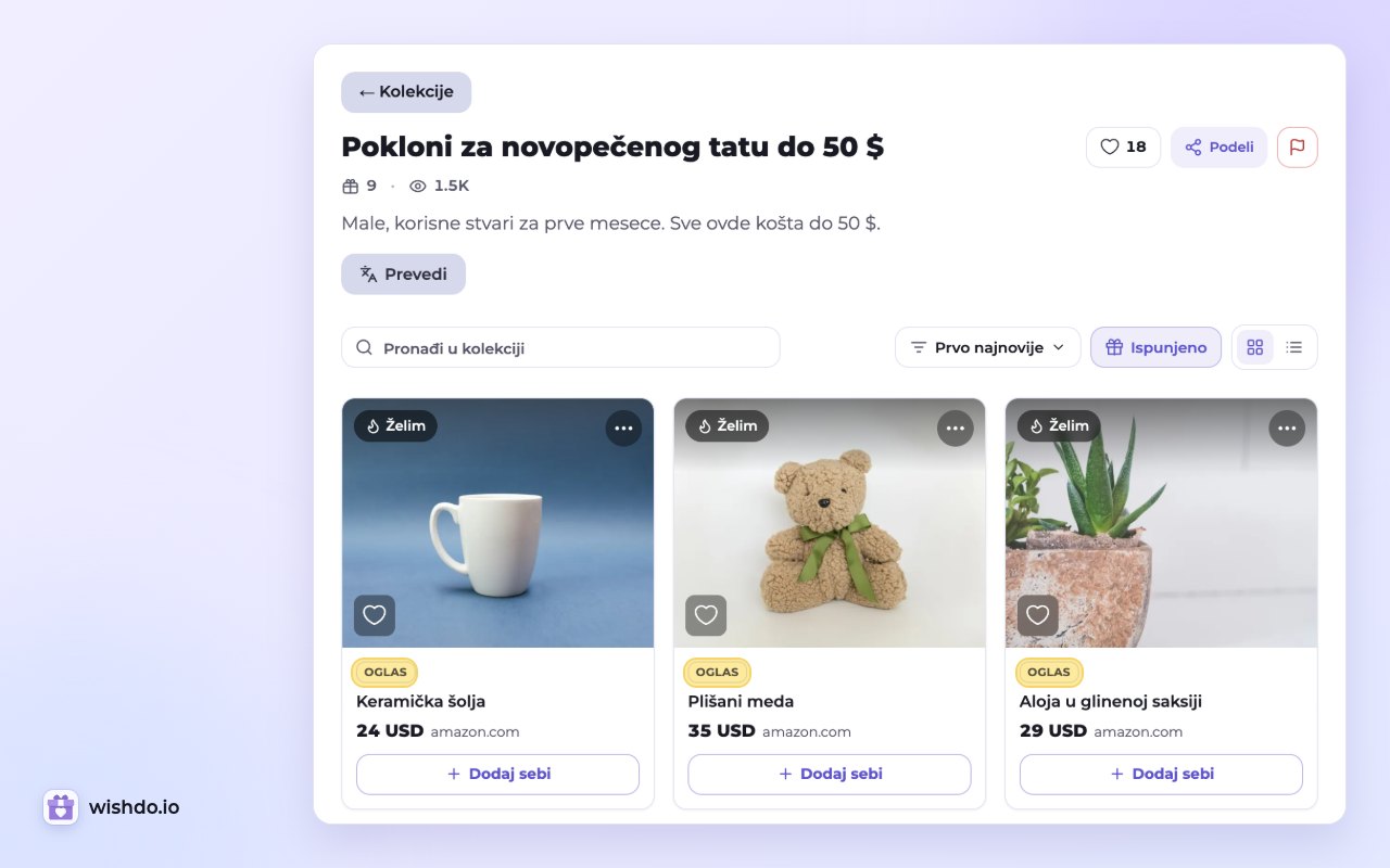 Javna kolekcija: svaka želja sa autorovim partnerskim linkom prikazuje oznaku „Oglas“
