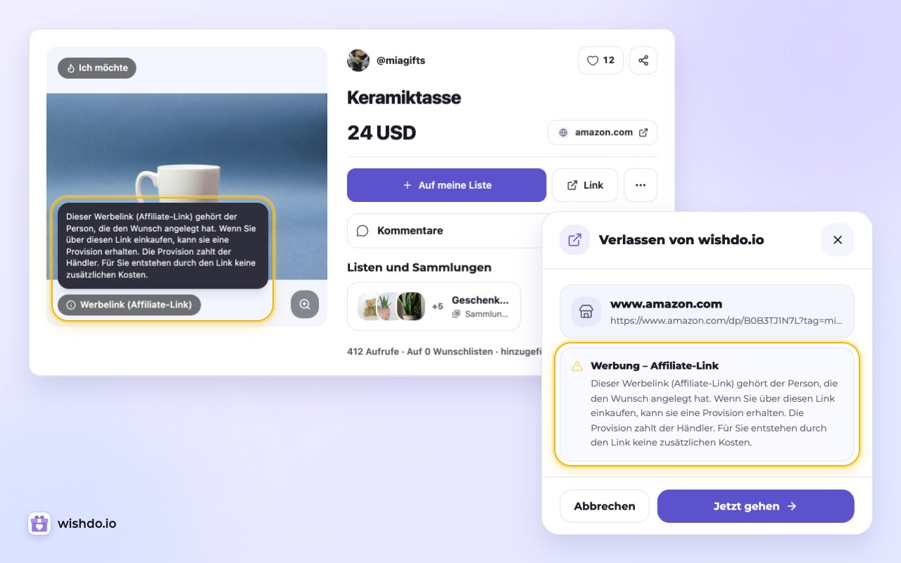 Vor dem Klick sagen die Wunschseite und das Fenster „Verlassen von wishdo.io“ dem Käufer, dass der Autor eine Provision erhalten kann