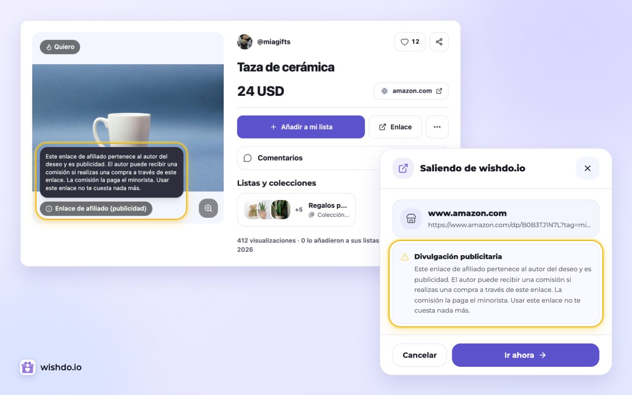 Antes del clic, la página del deseo y la ventana «Saliendo de wishdo.io» avisan al comprador de que el autor puede recibir una comisión