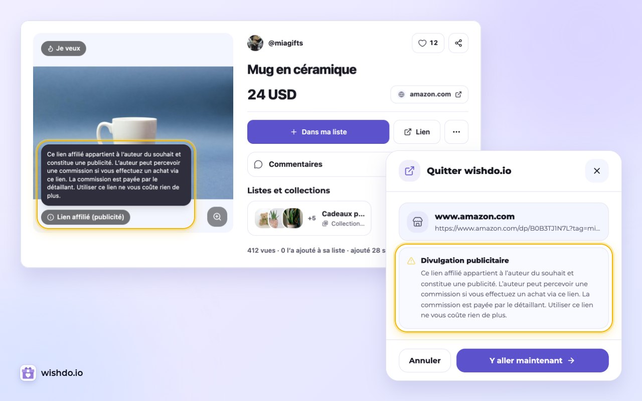 Avant le clic, la page du souhait et la fenêtre « Quitter wishdo.io » préviennent l’acheteur que l’auteur peut percevoir une commission