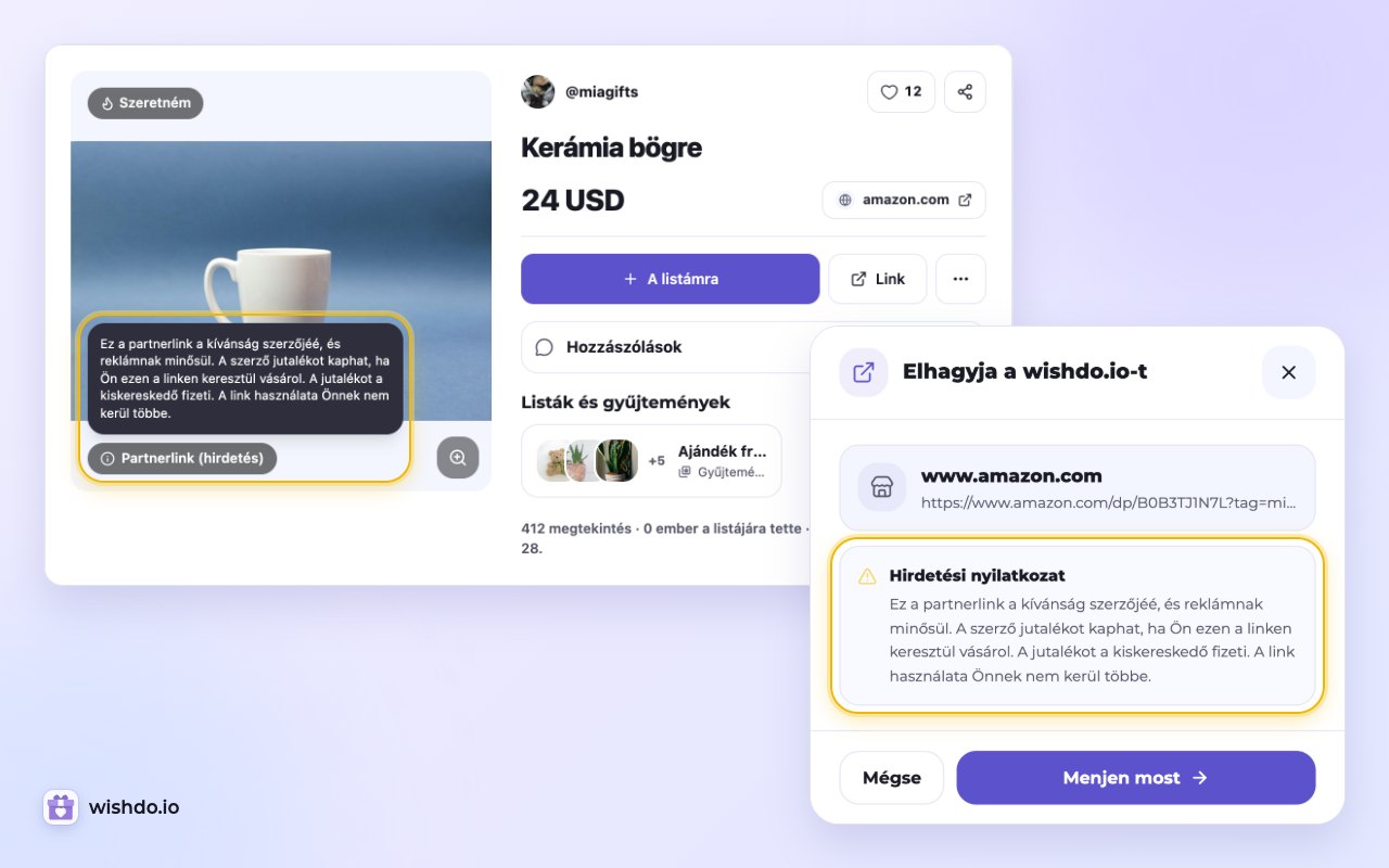 Kattintás előtt a kívánság oldala és az „Elhagyja a wishdo.io-t” ablak is jelzi a vásárlónak, hogy a szerző jutalékot kaphat