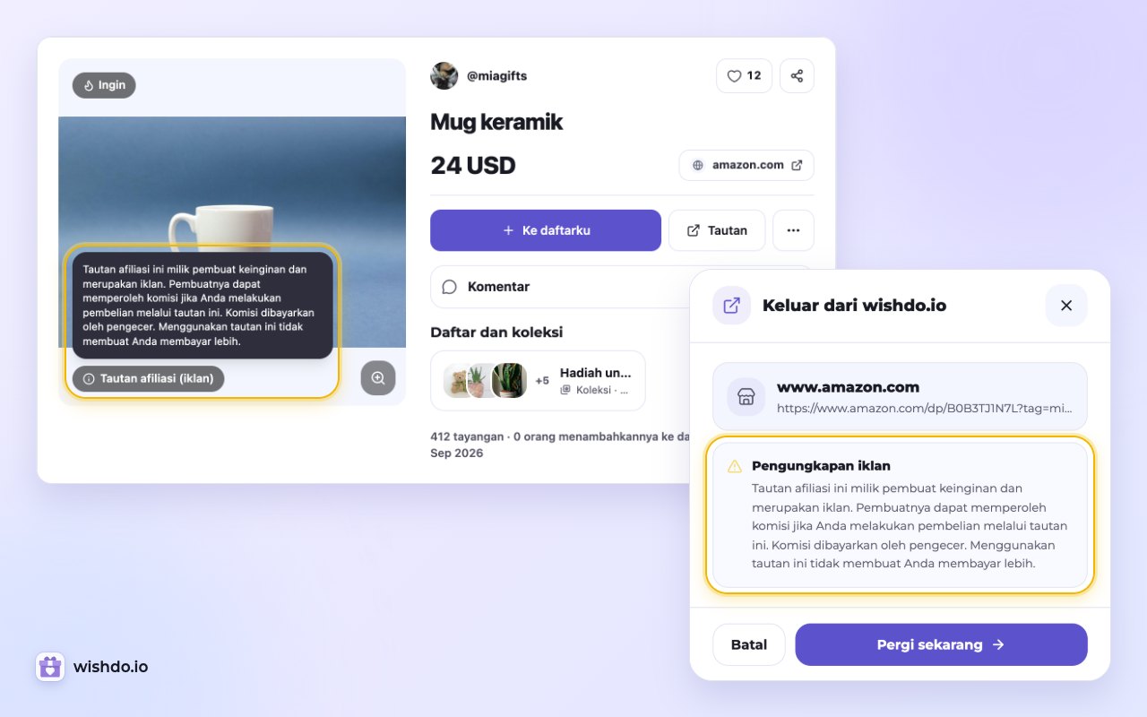 Sebelum klik, halaman keinginan dan jendela “Keluar dari wishdo.io” memberi tahu pembeli bahwa pembuatnya bisa mendapat komisi