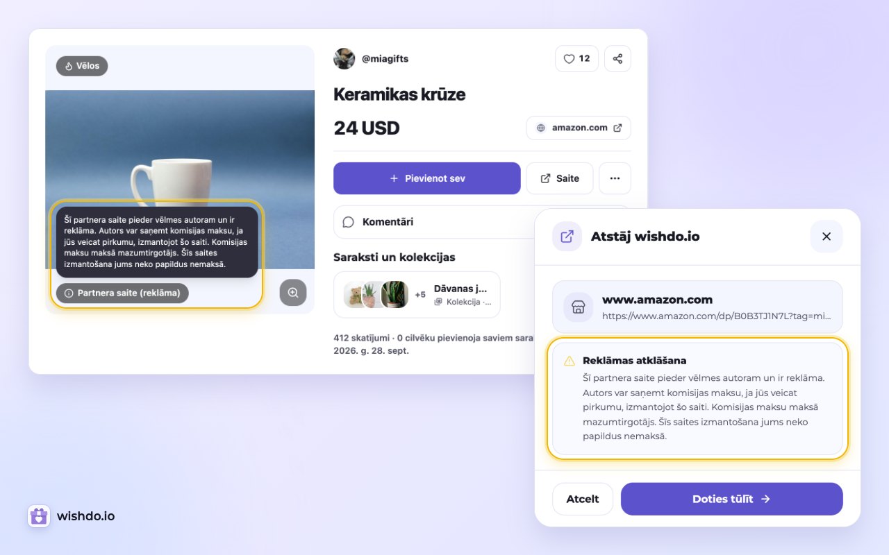 Pirms klikšķa vēlmes lapa un logs “Atstāj wishdo.io” pasaka pircējam, ka vēlmes autors var saņemt komisijas maksu