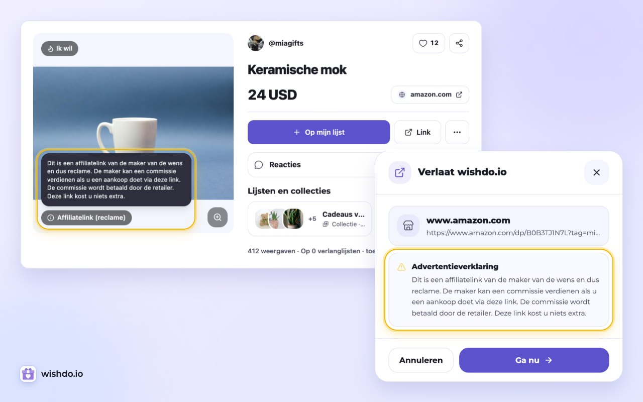 Vóór de klik laten de wenspagina en het venster “Verlaat wishdo.io” de koper weten dat de maker commissie kan verdienen