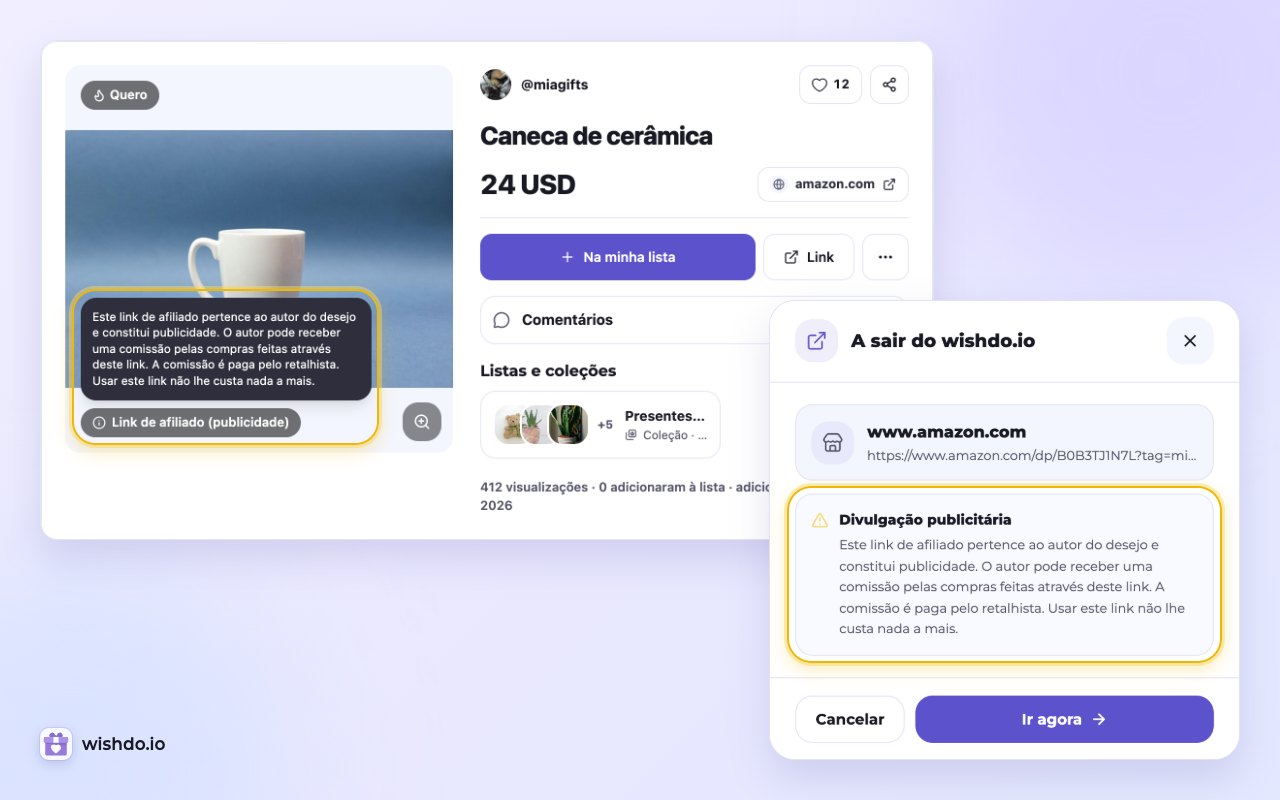 Antes do clique, a página do desejo e a janela «A sair do wishdo.io» avisam o comprador de que o autor pode receber uma comissão