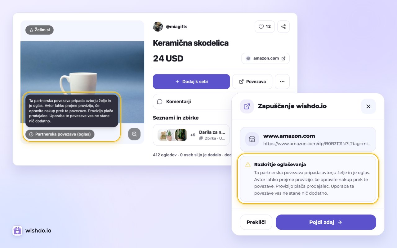 Pred klikom stran želje in okno »Zapuščanje wishdo.io« kupcu povesta, da lahko avtor prejme provizijo