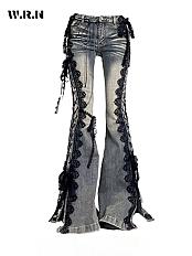 Retro Eyelets Lace Up Flare Jeans Stitch Lace M