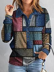 Regular Fit Casual Shawl Collar Color Block Top
