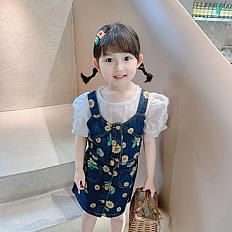 Girls Fashion Summer Suit Two-piece Set Flower Print Blue Denim Suspender Crop Top + High Waist Skirt Kids Clothes 3T blue