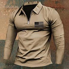 Men's Vintage American Flag Print Zip Lapel Long Sleeve T-Shirt